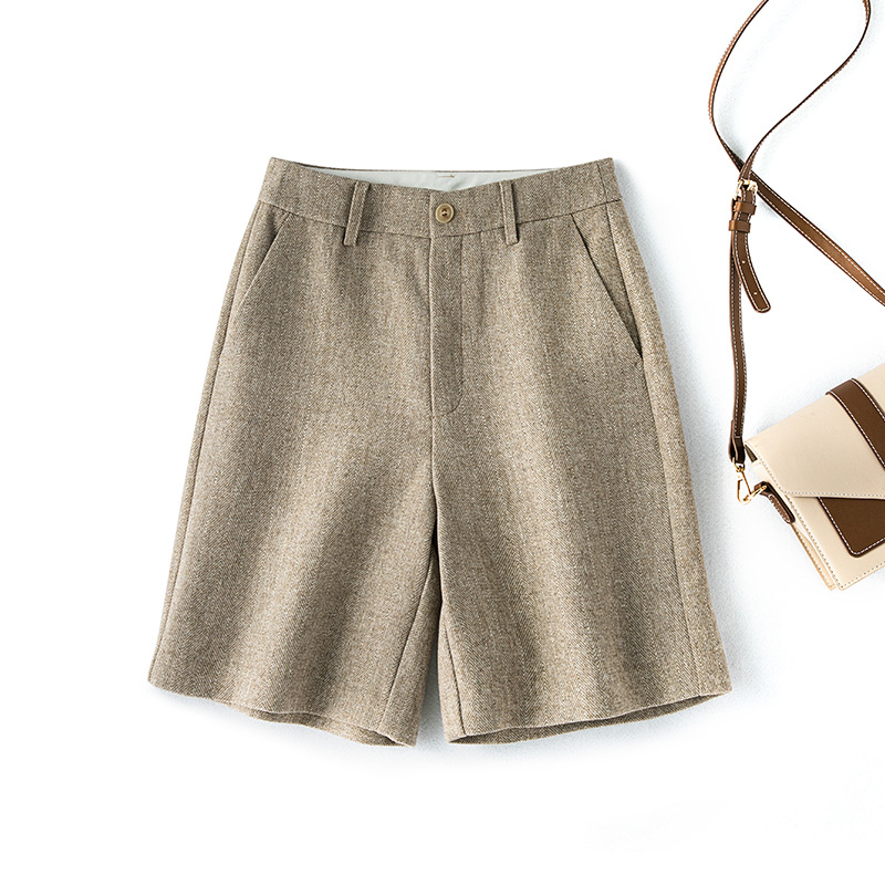 打底靴裤子女秋冬新款五分高腰直筒显瘦阔腿中裤外穿毛呢短裤