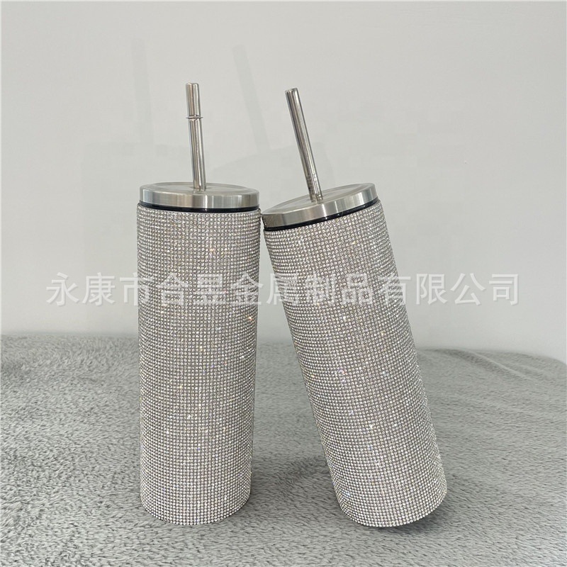 Bling rhinestone taladro 20oz vacío aislado paja de acero inoxidable taza café cuerpo recto adelgazamiento taza