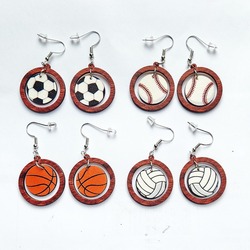 1 Pair Fashion Basketball Football Wood Printing Football World Cup Women's Drop Earrings display picture 1