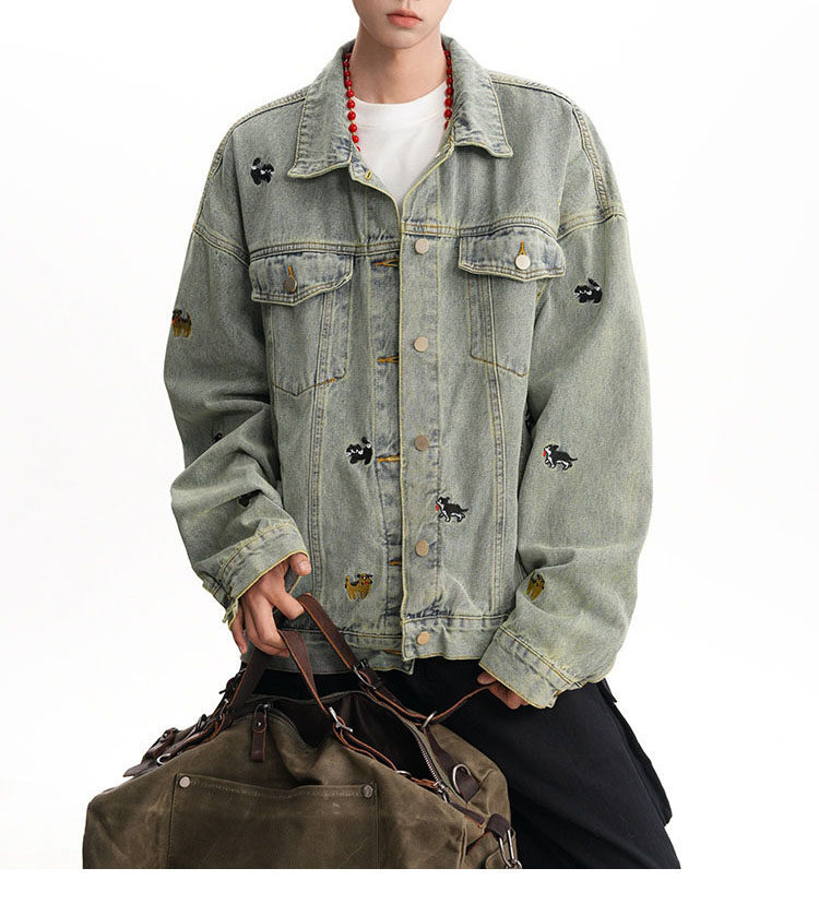 Giacca in denim con ricamo vintage a tema cartone animato - Cappotto oversize da streetwear per uomo e donna (S-2XL)_voghion.com