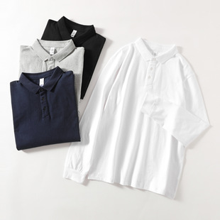Japanese heavy cotton lapel T-shirt Paul shirt loose business casual men's polo shirt long sleeve men's 250g