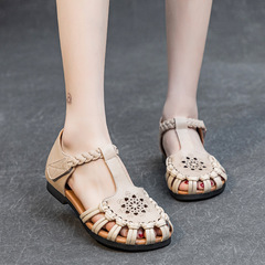 Women's 2023 Summer New Flat Soft Sole Hollow Sandals with Full Grain Soft Calfskin, Perforated Insole, and Height Increasing Shoes