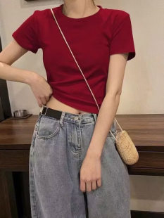 Burgundy short-sleeved T-shirt women's right shoulder slim short t-shirt summer new half-sleeved slim inner layering top