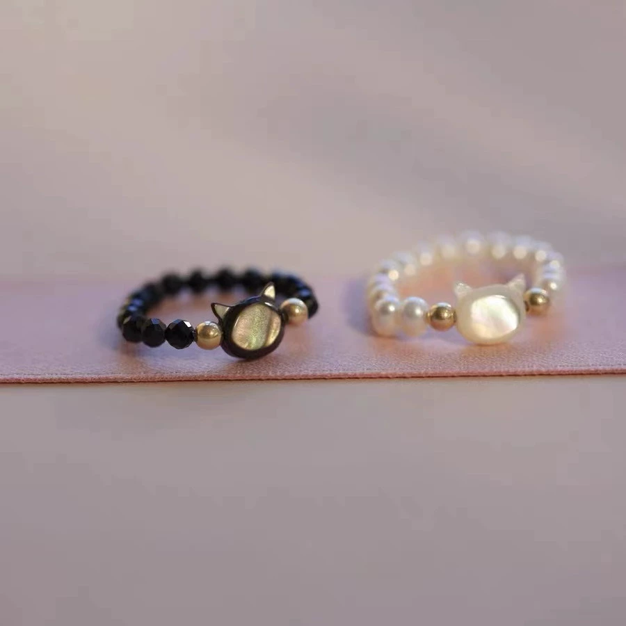 14K gold extremely thin black cat ring Japanese crystal stone black crystal personality bead string ring trendy gold plated