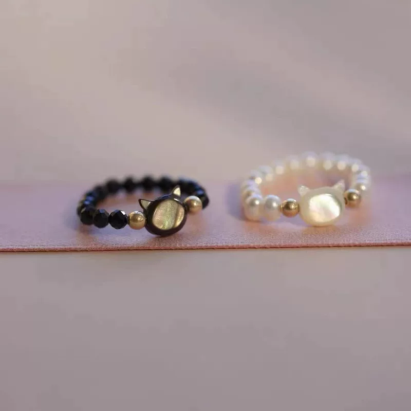 14K gold extremely thin black cat ring Japanese crystal stone black crystal personality bead string ring trendy gold plated