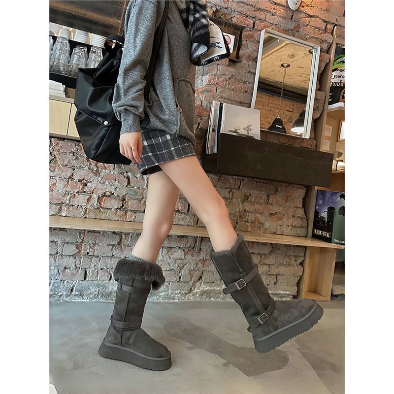工場直販在庫あり グレーのスノーブーツ レディース 2025年冬新作 厚底 裏起毛 厚手 ロング丈 スノーコットンシューズ