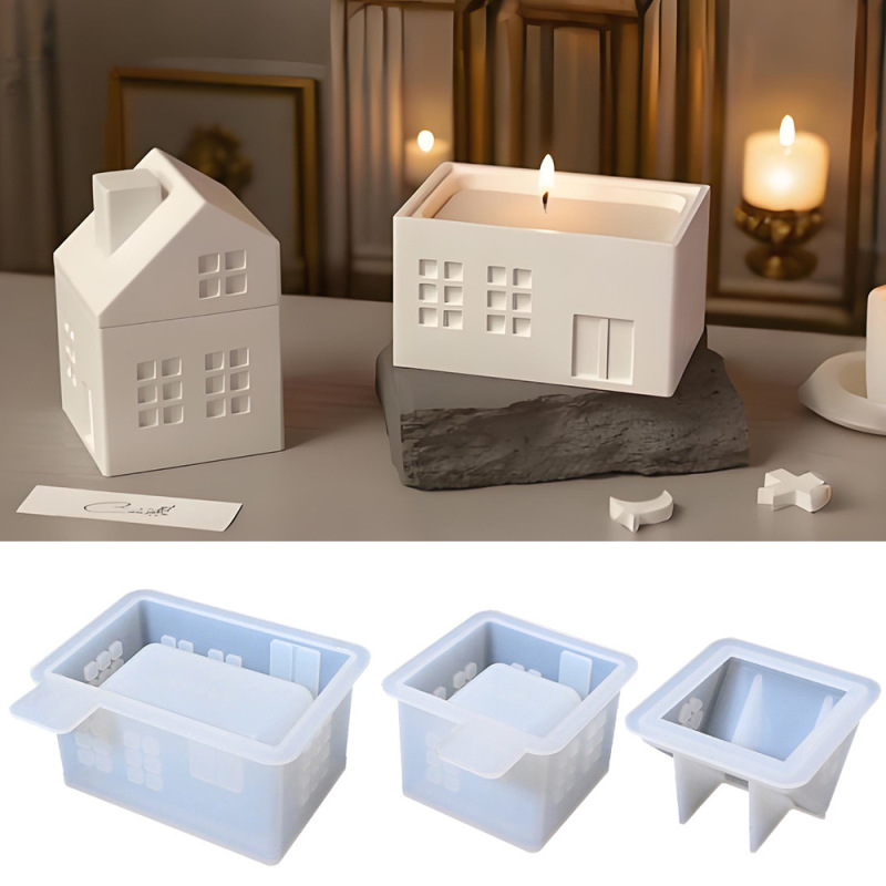 ヨーロッパの煙突ハウス収納瓶接着剤型 DIY アロマセラピー石膏キャンドルカップ蓋付きハウスシリコン型|undefined