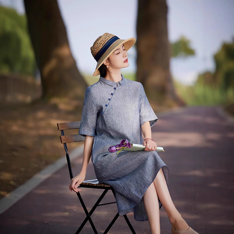 Linen dress Women's 2025 New Style Age-reducing Half-sleeve Vertical Collar Buckle Improved Cheongsam Dress Women's Mid-length Dress