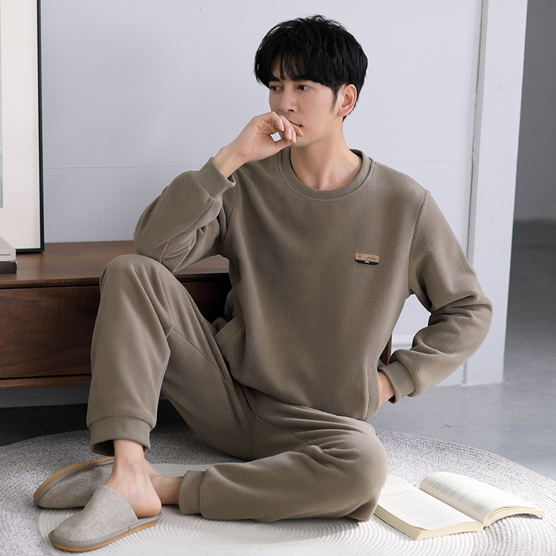 Pajamas men's simple autumn and winter coral fleece fleece-lined thickened warm Youth round neck pullover homewear suit