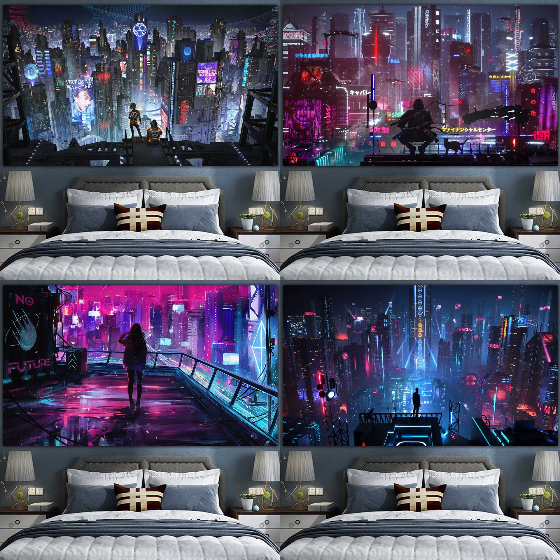Постер cyberpunk неоновый город, размеры 38×65 см, 85×155 см, 110×200 см