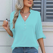 2025春夏欧美新款亚马逊跨境外贸女装纯色女士时尚T恤上衣衬衫女