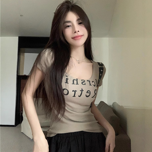 Ins Personality Pure Desire Hot Girl U-Neck Short-Sleeve T-Shirt for Women Summer Retro Fitted Slimming Short-Sleeve Top Women's T-Trend