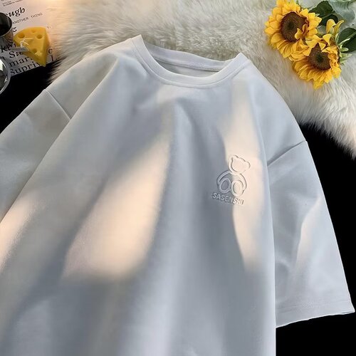 Little Bear T-shirt for Men, Summer Design, Niche American Vintage Suede Fleece Short-Sleeved Top, Loose and Casual T-Shirt