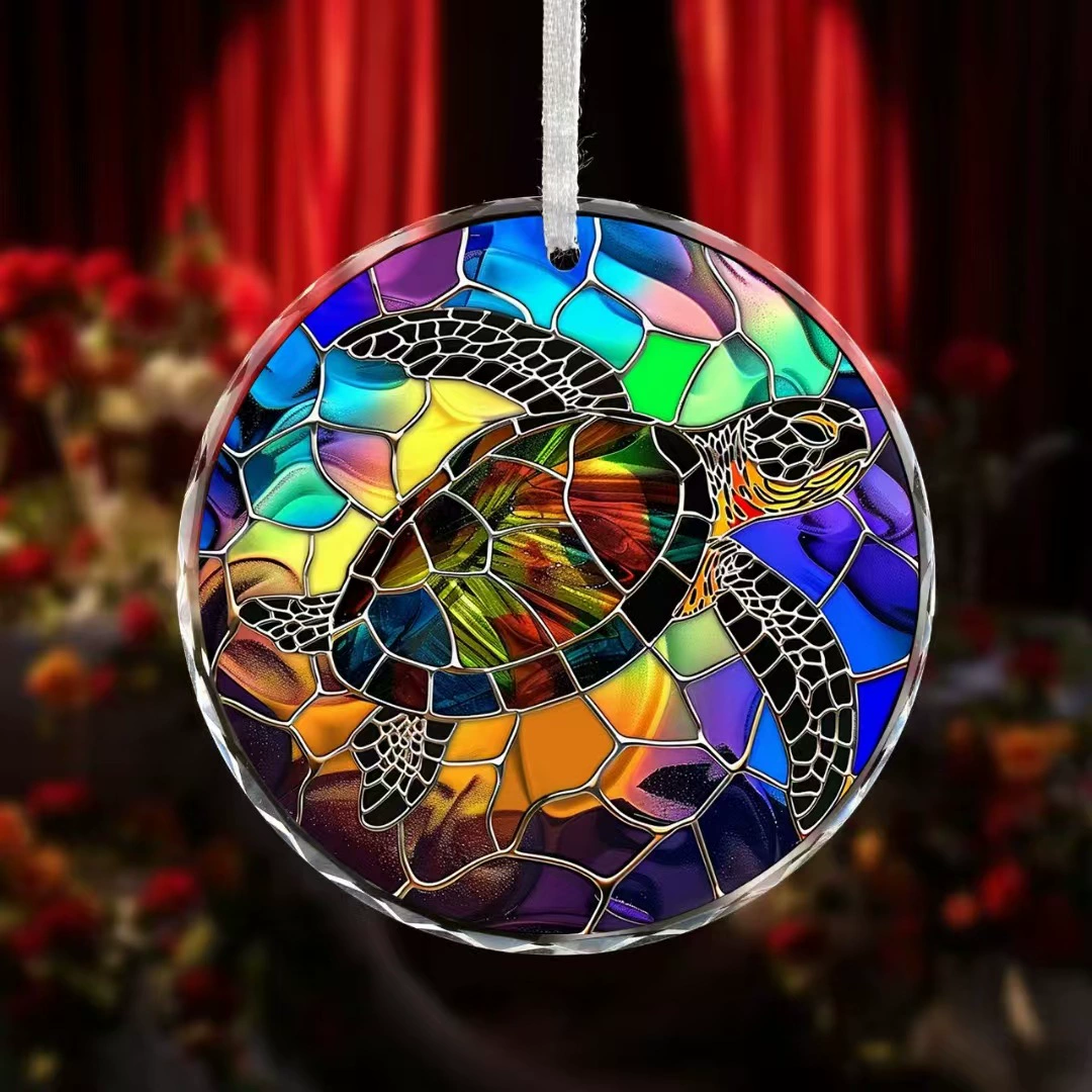 Рождественский подарочный набор «Семья черепах» 2025 года, кросс-бордер, круглые стеклянные украшения диаметром 8 см + сердце, красная лента