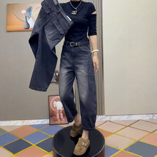 大码高腰哈伦牛仔裤女2025秋季新款弹力胖mm百搭宽松九分老爹裤子