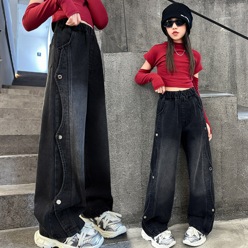 소녀 청바지 2024 년 봄과 가을 새로운 서양식 어린이 스트레이트 바지 가을 검은 거리-느슨한 넓은 다리 바지