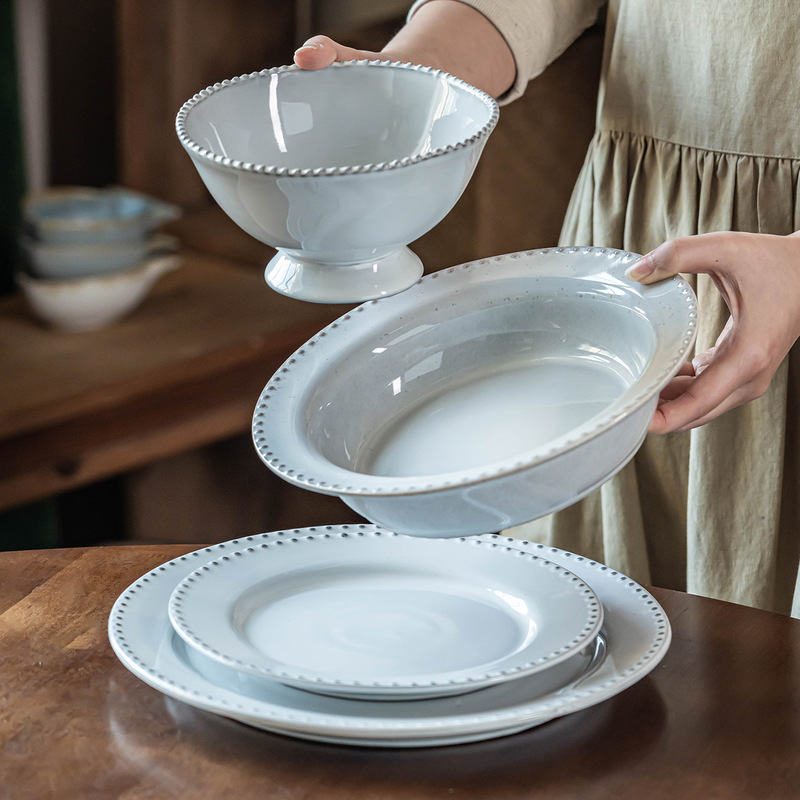 Bowl and Plate Set for Home Use, Light Luxury High-End Ceramic Plates, Creative Pearl-Edged Plates, New Home Tableware Wholesale Bowls