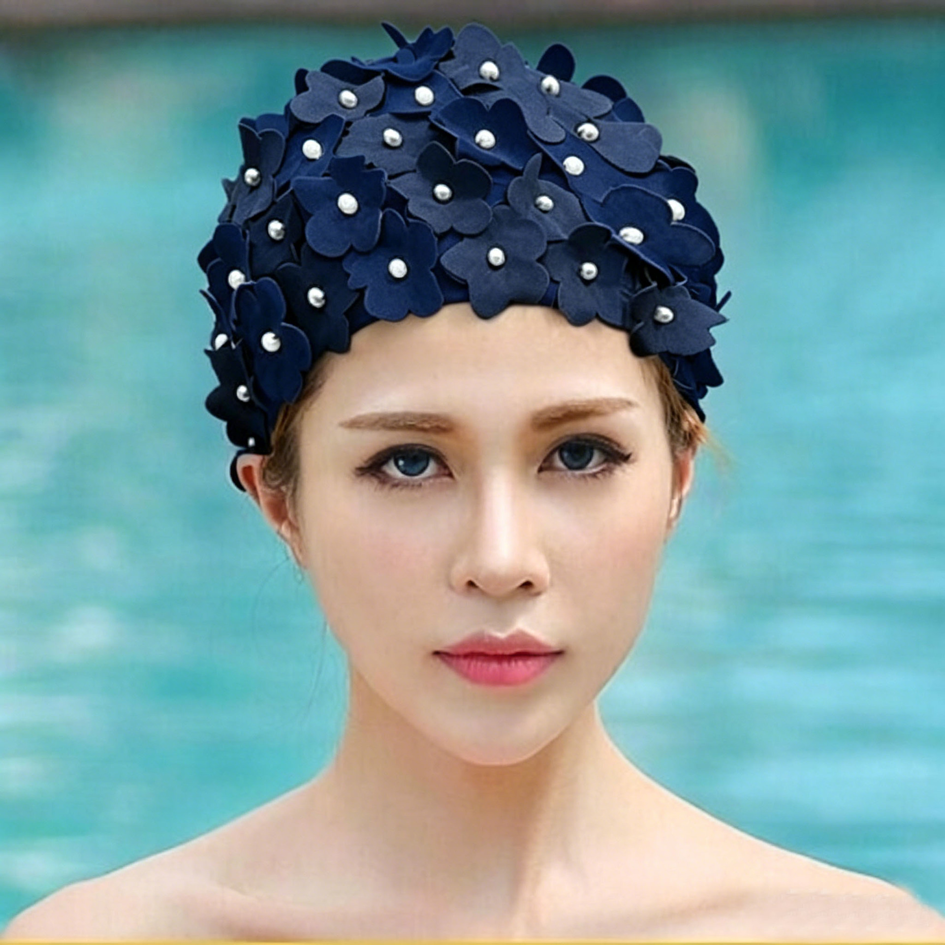 Gorra de Natación con Pétalos 3D y Perlas de Nailon para Natación y Aguas Termales