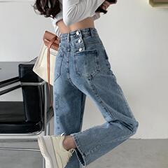 高腰牛仔裤女春秋设计感小众宽松直筒裤小个子阔腿裤子潮ins高街