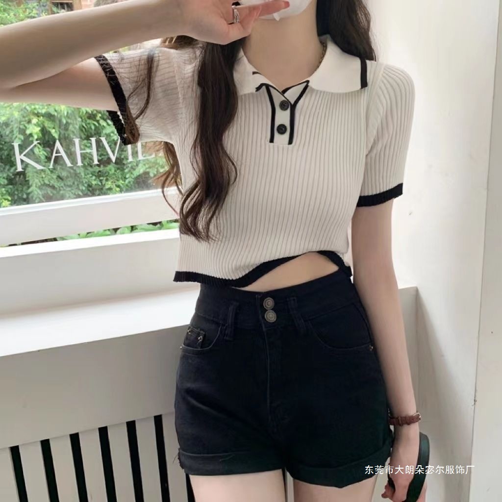韓国版正肩polo襟ニット半袖tシャツ夏の修身デザイン感