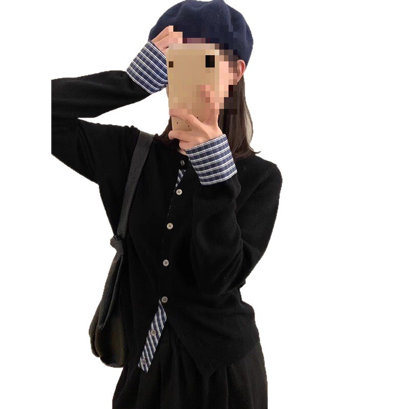 春秋冬季针织开衫女韩系减龄单排扣上衣外套撞色格纹拼接黑色毛衣|undefined