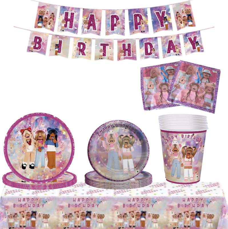 Cross-Border Pink Girl Birthday Party Decoration Supplies Pink Lego Robot Paper Plate Tissue Pull Flag Set