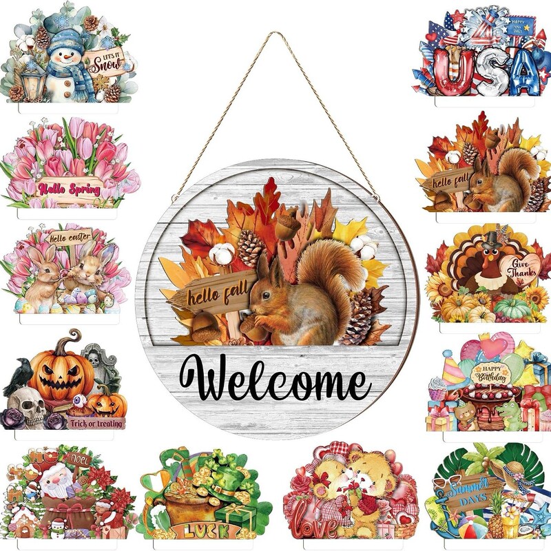 12 interchangeable welcome door signs for front door decoration, rustic autumn seasonal hanging signs for Halloween and Christmas 12 interchangeable welcome door signs for front door decoration, rustic autumn seasonal hanging signs for Halloween and Christmas