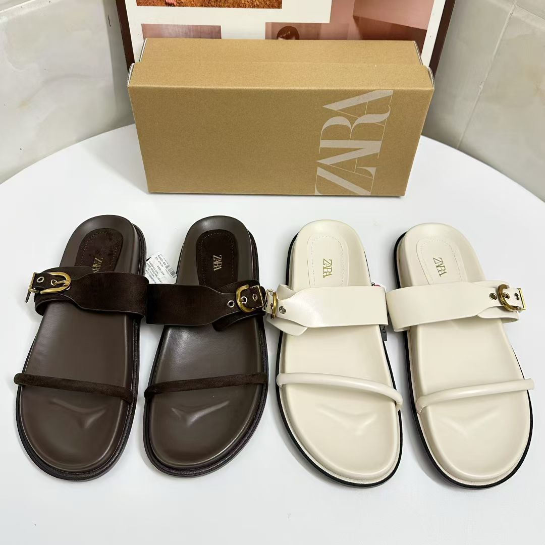 Za Home 2025 New Summer Flats Metal Fashion Trendy Single Buckle Double Buckle European and American Outer Sandals for Women