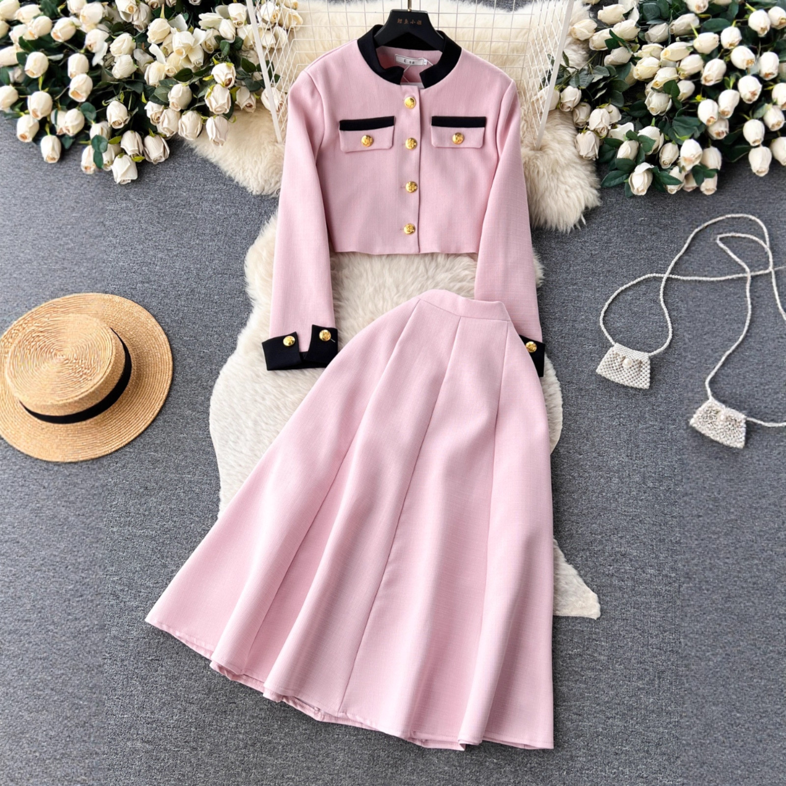 Cross-Border Celebrity High-End Small Fragrance Style Metal Buttoned Round Neck Suit Jacket Women's Two-Piece High-Waist Slimming Half