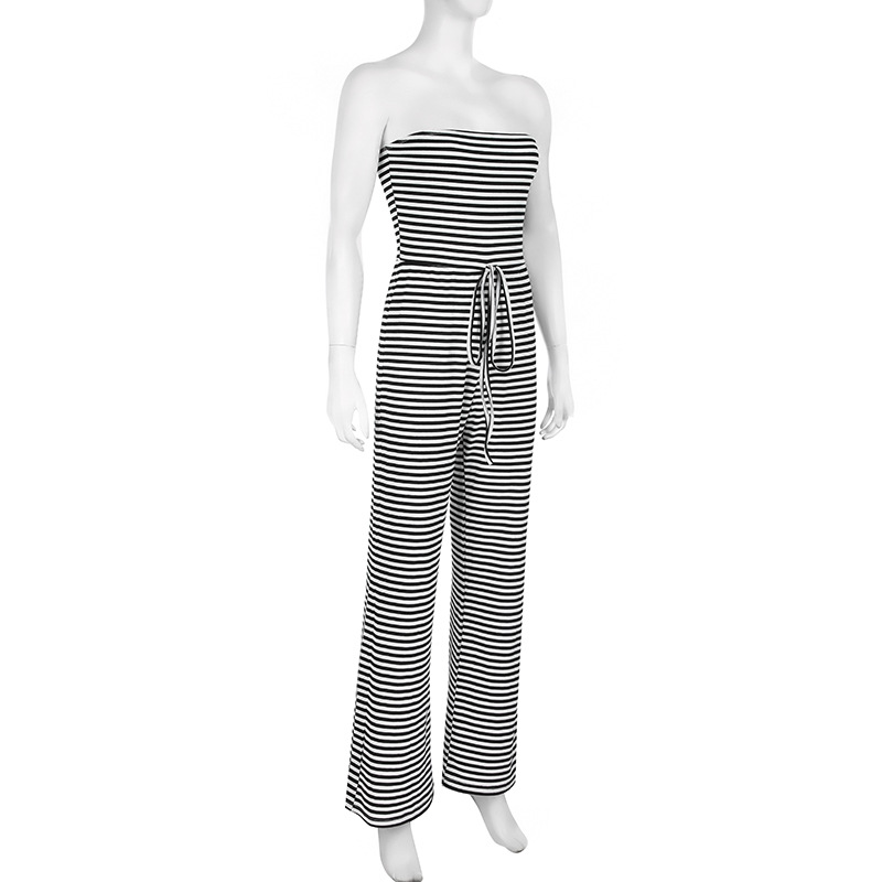 Striped Color Matching Horizontal Bra Lace up Long Mop Casual Pants Jumpsuit Trousers