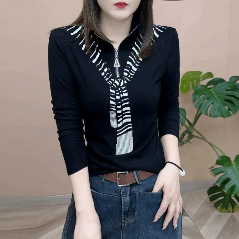 Весенне-осенняя новая модная элегантная стильная однотонная повседневная тонкая рубашка с длинными рукавами и застежкой-молнией на лацкане