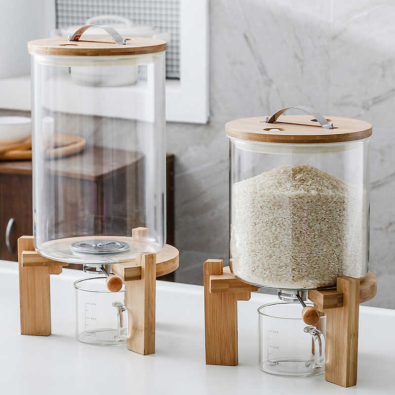 Kitchen Rice Bucket, Moisture-Proof Rice Storage Tank, Large Grain Rice Bucket with Base, High Borosilicate Glass Sealed Transparent Rice Bucket