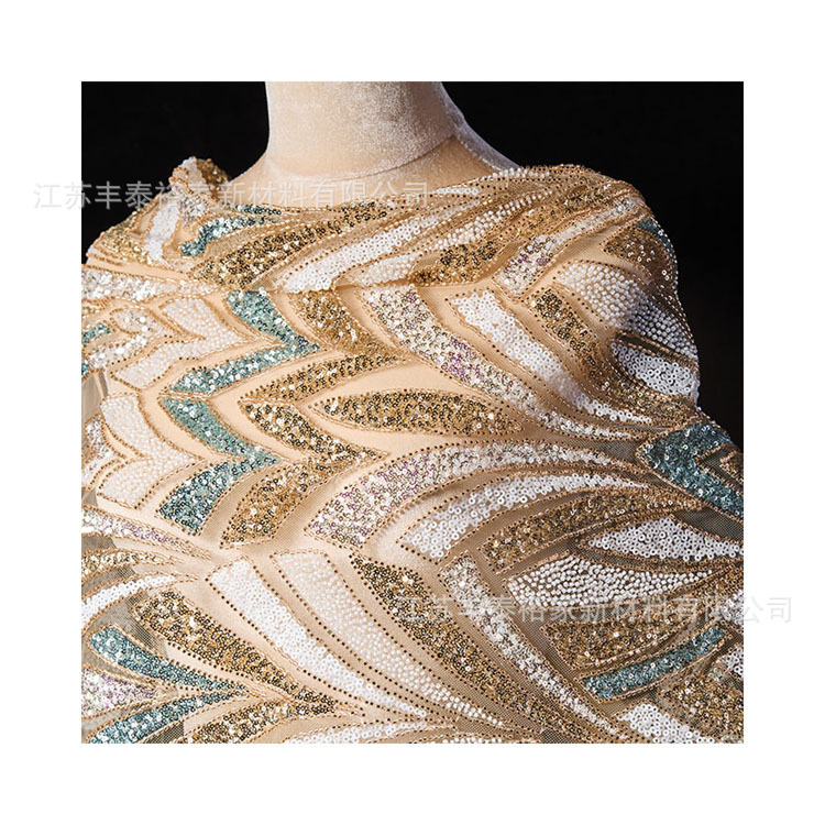 bordado geométrico línea de color malla gaza flor sequin tela vestido de noche