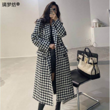 毛呢外套女新款韩版时尚2024秋冬季经典千鸟格中长款过膝呢子大衣