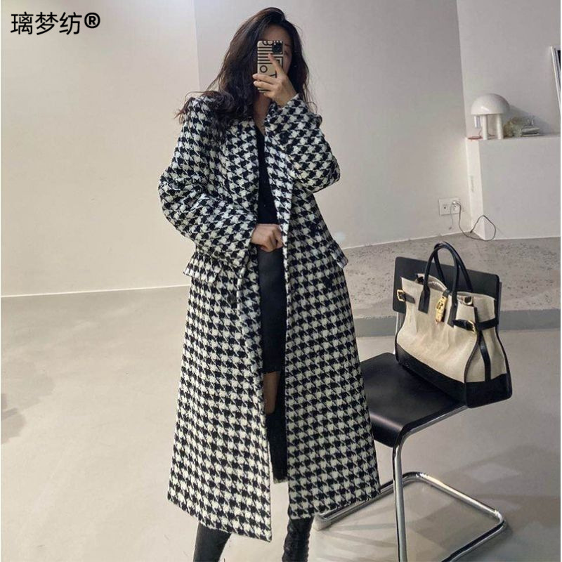 Women's New Korean-style Fashionable Wool Coat for 2024 Autumn & Winter: Classic Houndstooth Midi Over-the-Knee Wool Trench Coat