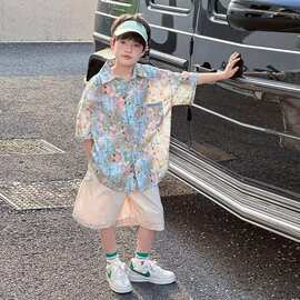 男童短袖衬衫夏季薄款2026新款中大童花衬衣休闲上衣男孩夏装衣服