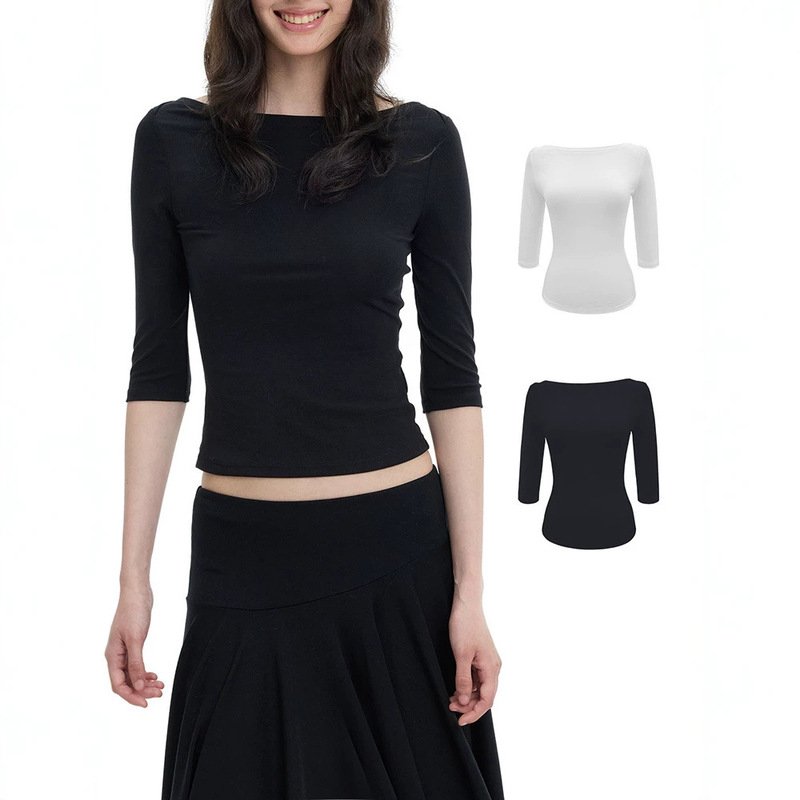 In-stock Tencel Wool High-Intelligence Elegant Women's Boat Neck Slim Fit Half-Sleeve T-Shirt with Waist-Cinching Design, Unique Top In-stock Tencel Wool High-Intelligence Elegant Women's Boat Neck Slim Fit Half-Sleeve T-Shirt with Waist-Cinching Design, Unique Top