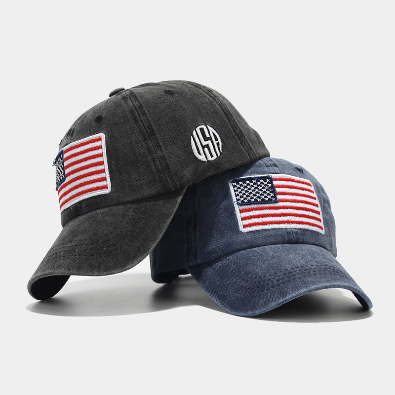 Amazon Venta caliente bandera americana lavada gorra de béisbol apenada hombres y mujeres europeos y americanos de moda al aire libre gorra de marea sombrero