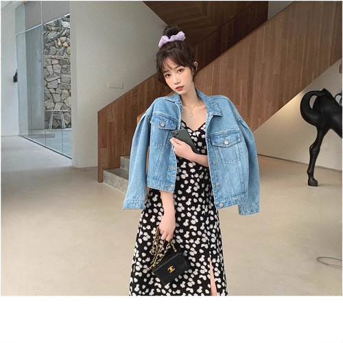 Spring 2025 Daisy Floral Print Women's Elegant Slimming Medium-Length French Lilac Strap Dress Summer
