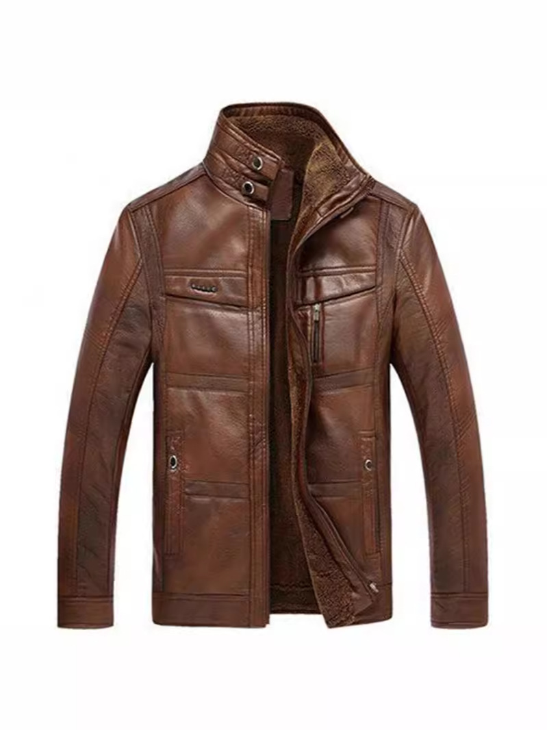 Chaqueta de cuero nueva con forro polar para hombre en invierno, cuello alto con cuello de piel, venta al por mayor del fabricante, estilo casual coreano.