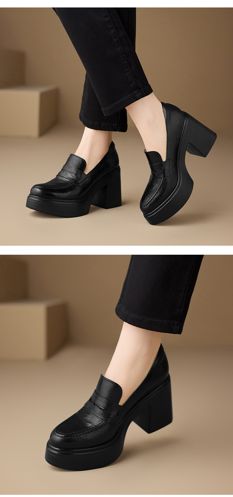 Giày cao gót nữ đế xuồng platform mũi tròn da cừu thật gót vuông 9 cm — màu nâu, màu đen chi tiết 10