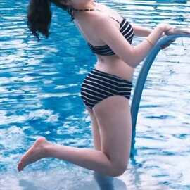 跨境bikini复古横条纹比基尼钢托收胸高腰遮胯沙滩日常分体泳衣女