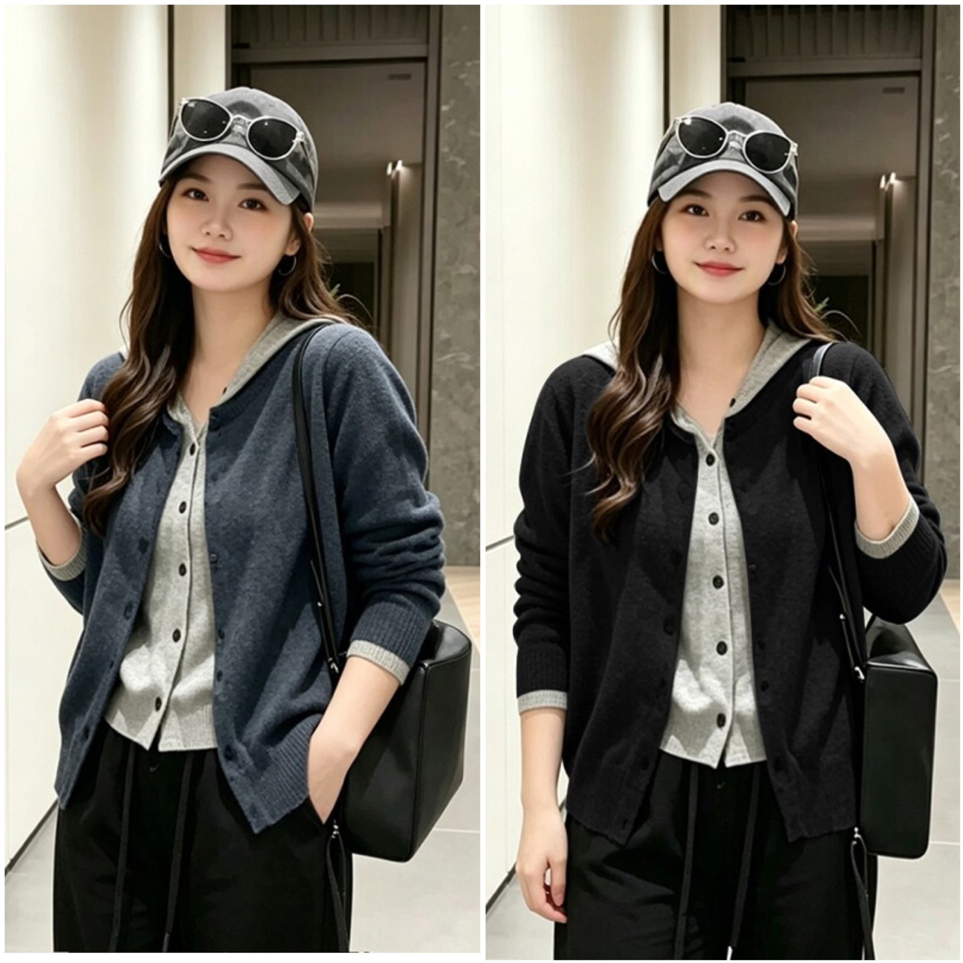 Super flattering top for plus-size women (200 lbs), autumn style, layered design, high-end knit cardigan with structured shoulders and hood, knitwear, 9212.