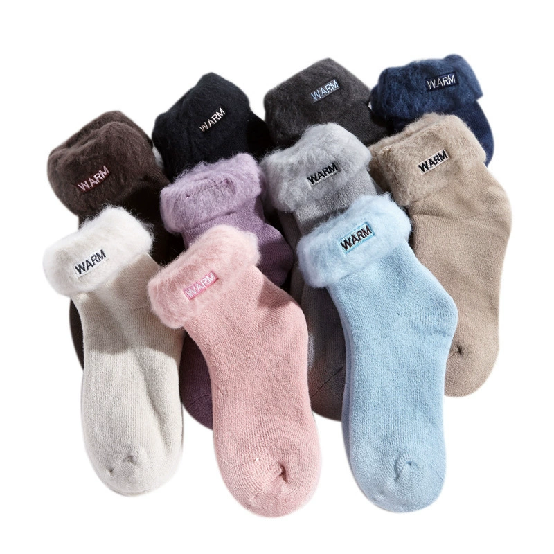 Warm knee socks with plush fur cuff and embroidery, mid-length, assorted colors