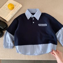 儿童polo衫2025秋季新款假两件上衣男童女童条纹撞色翻领长袖潮