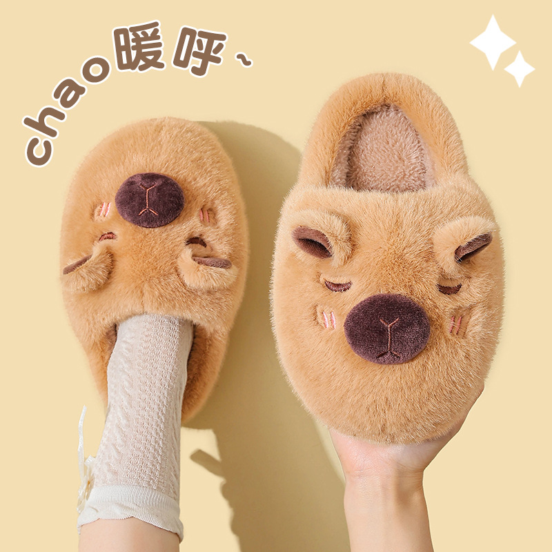 Capibara mujer invierno 2025 nuevo hogar interior pareja antideslizante tacones zapatillas de peluche para hombre