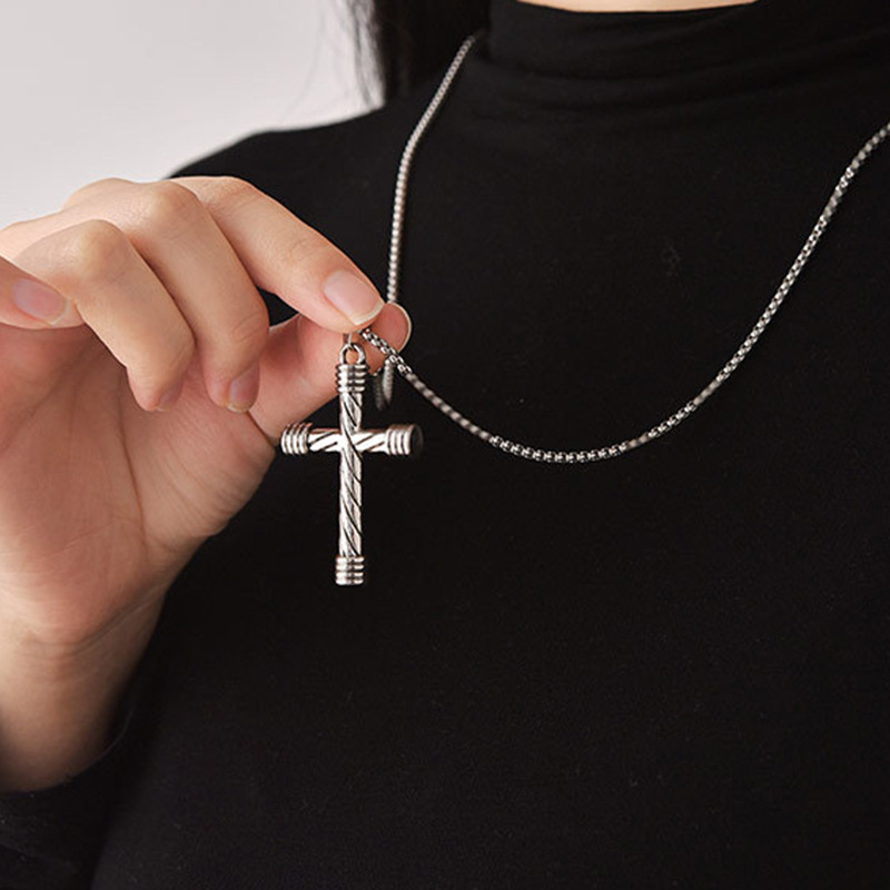 European and American ins personality titanium steel necklace fashion hip hop cross pendant autumn and winter long sweater chain men's jewelry