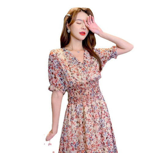 Puff sleeves sweet forest chiffon dress mid-length dress bubble chiffon summer high waist new French style