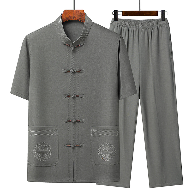 Summer Men's Ice Silk Tang Suit Short-Sleeve Set for Middle-Aged and Elderly Fathers and Grandfathers, Chinese Style Casual Thin Embroidered Top