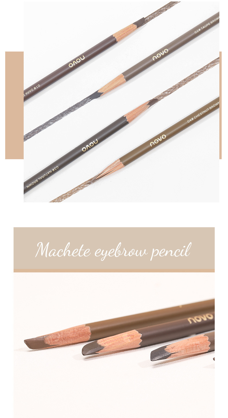 NOVO wooden hard-core double-ended eyebrow pencil is waterproof, sweat-proof, and does not fade. Each tip is distinct. It has a pencil style and can be used to shave duck beaks and flat heads undefined